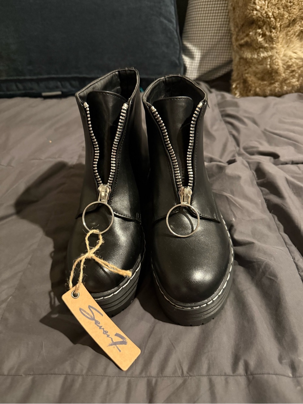 Black Women's Platform Ankle Boots with Front Zipper Ring